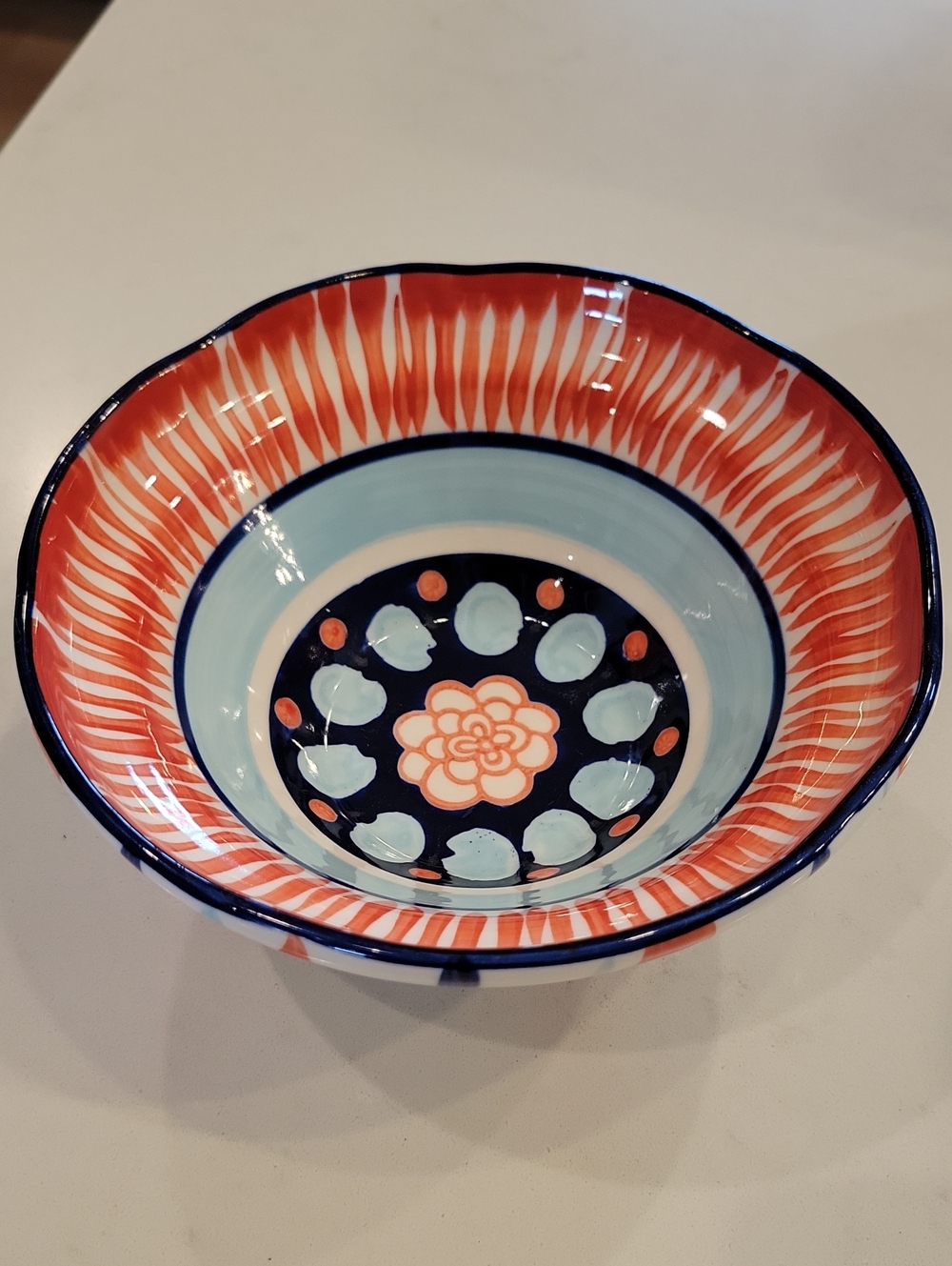 Anthropologie Bellina Red, Light Blue & Navy Handpainted Ceramic Bowl